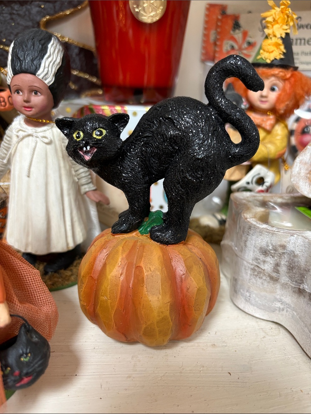 Black Cat Halloween Figurine on Pumpkin - Black & Orange